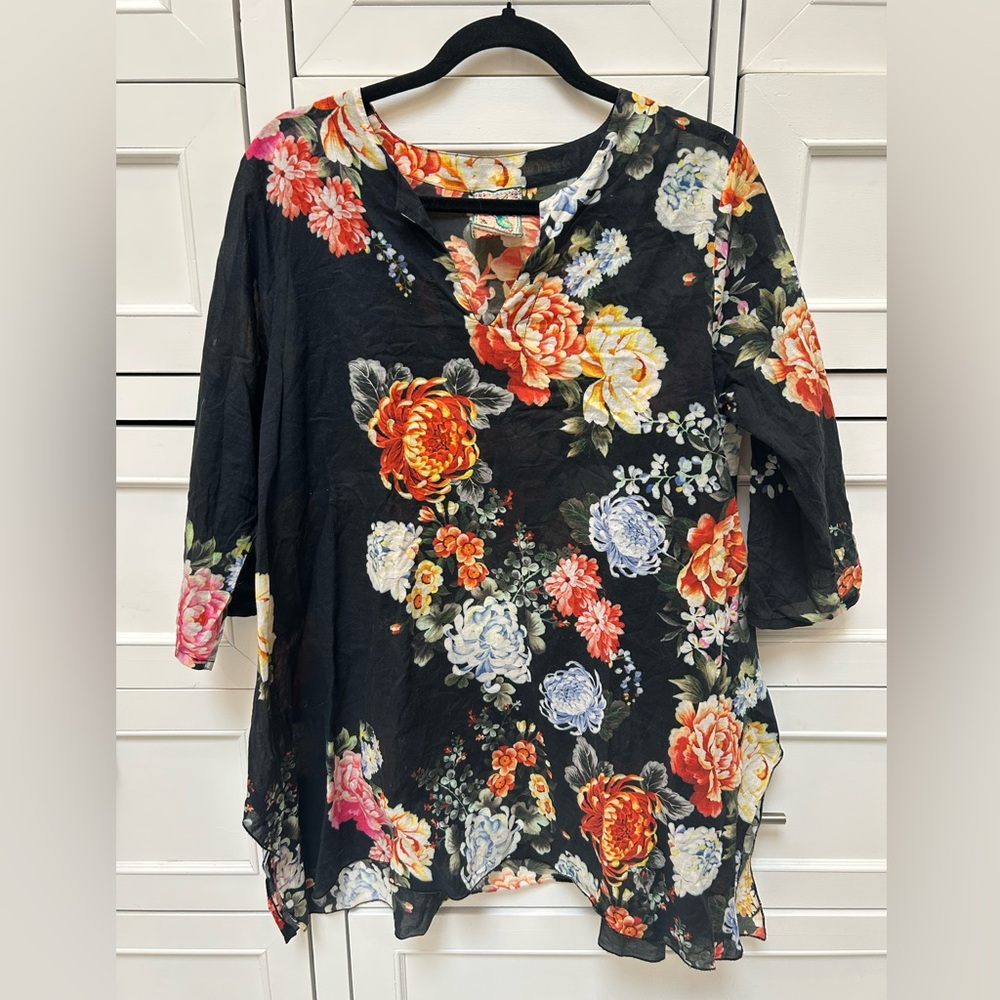 Johnny Was Black Floral V-Neck swim Cover up Tunic with Multicolor Blooms
